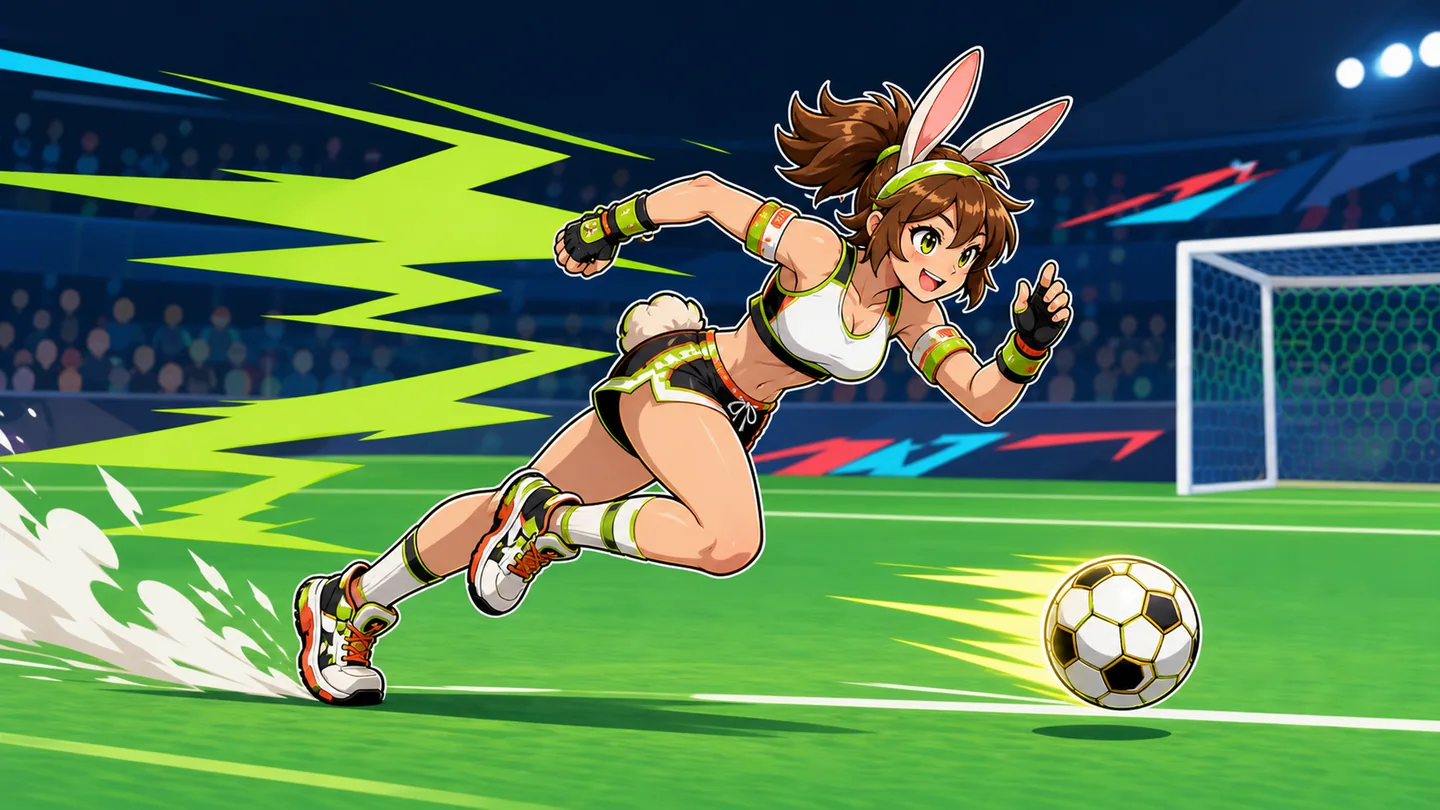 Rina races after a glowing football on a vivid arena pitch