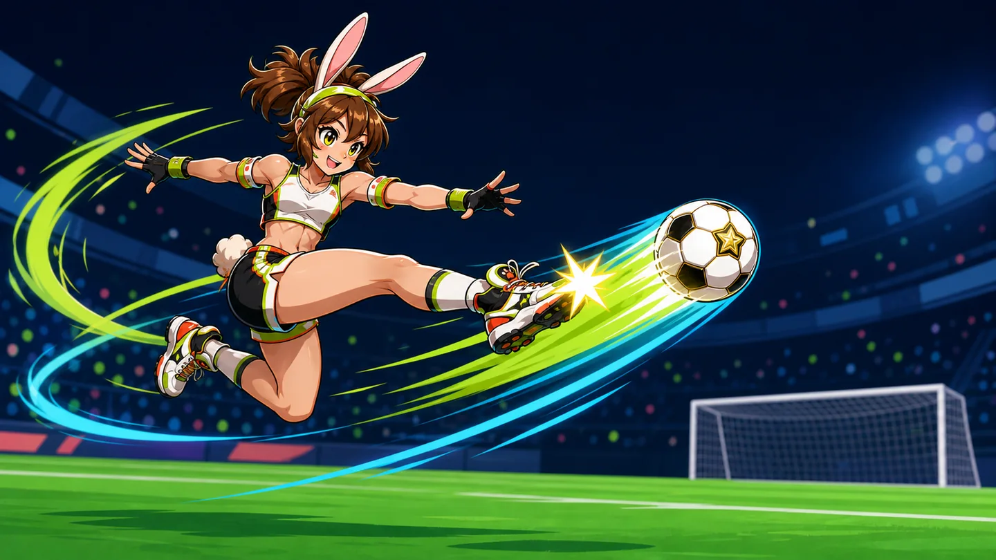Rina launches into an airborne kick above the pitch